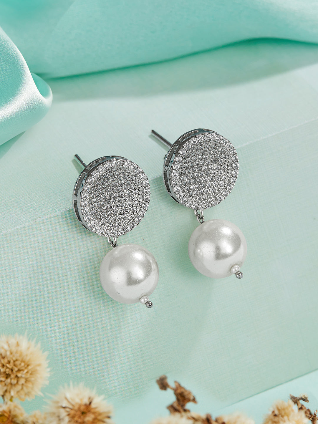 925 Sterling Silver Cubic Zirconia Circular Pearl Drop Earrings